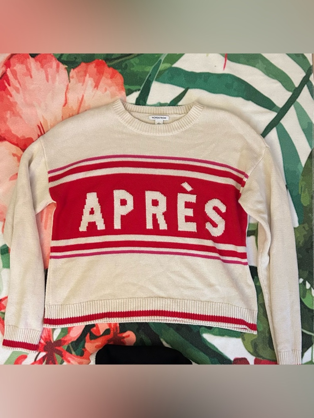 Nordstrom Cream Crewneck Sweater with Red APRÈS Panel